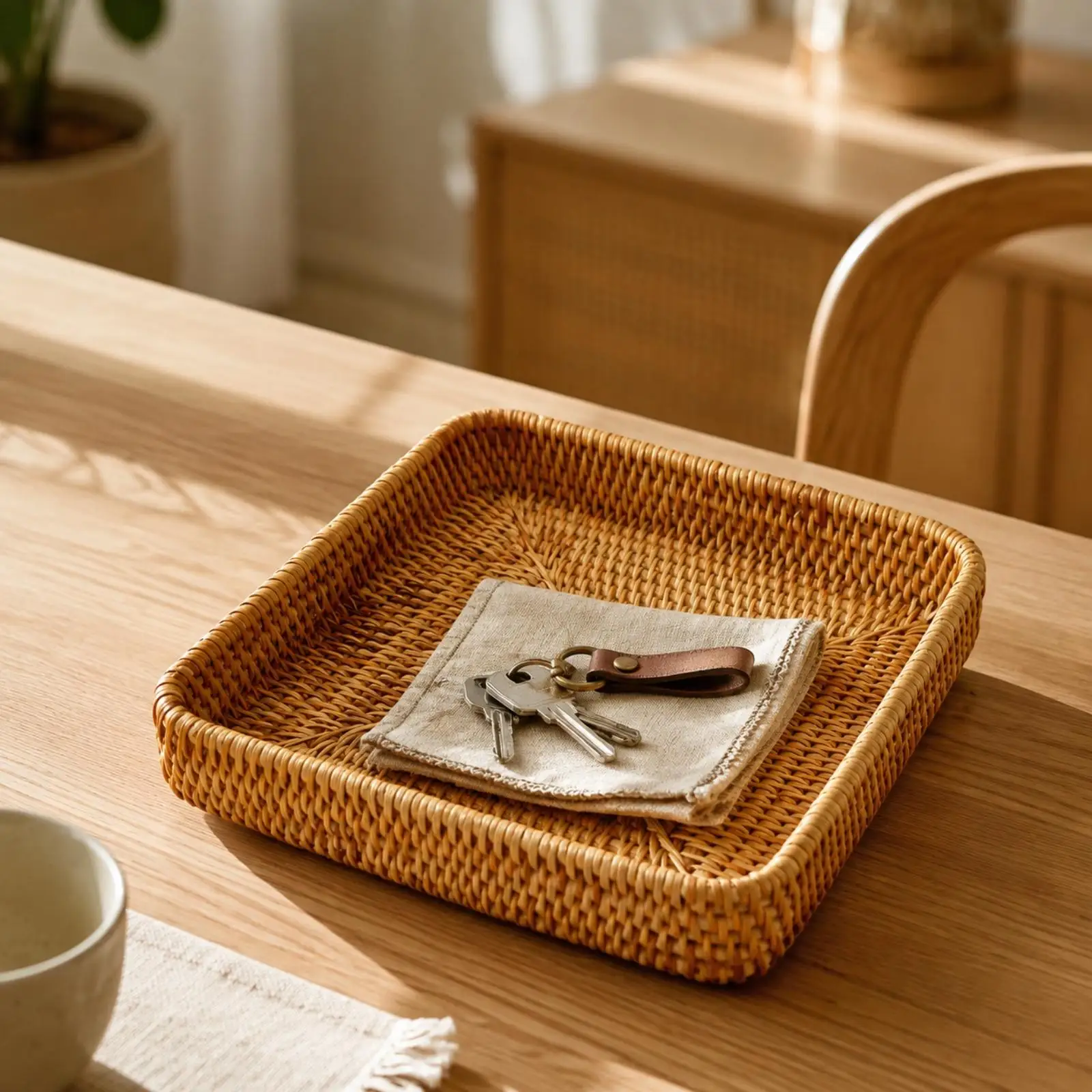 Rattan Woven Storage Basket Tray for Bedroom Dresser Decor Rectangular Wicker Tray for Household Use