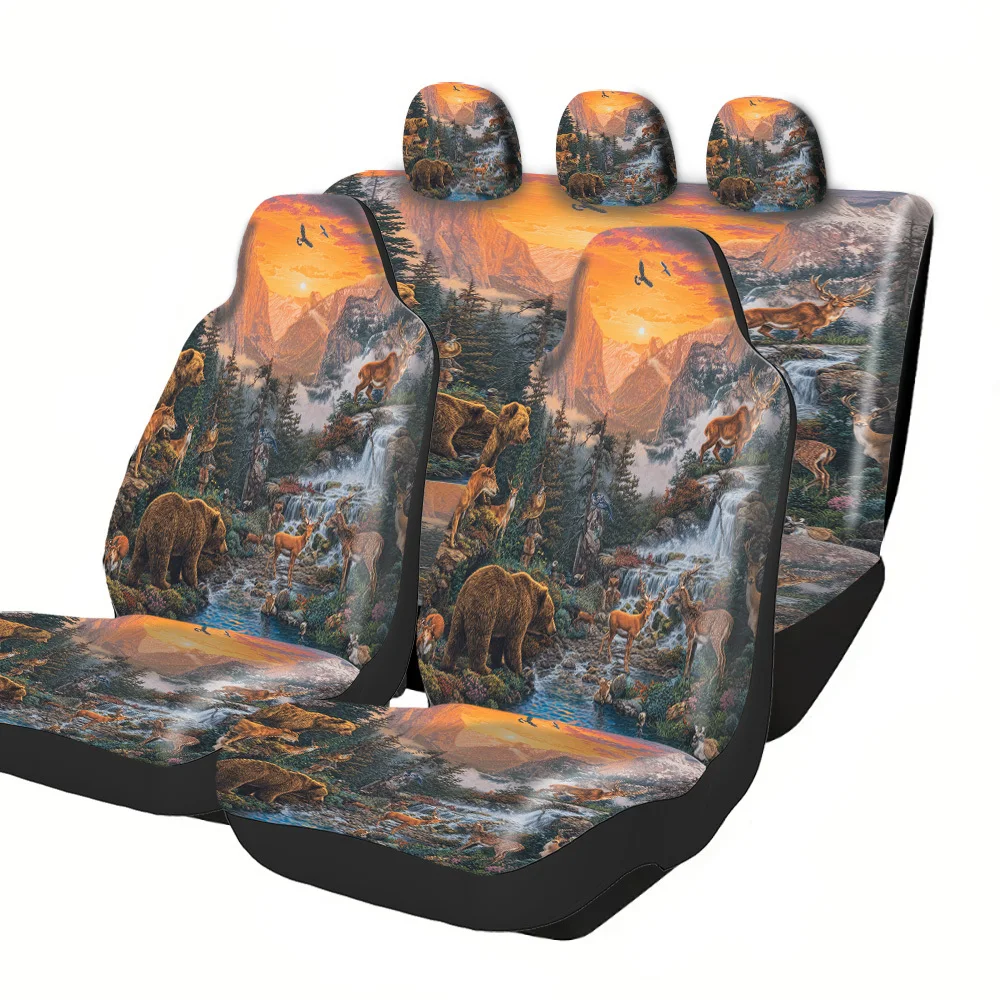2-5 Seat Set Car Seat Covers Premium Vibrant Wildlife Natural Scenery Fit For Truck SUV Off-road Car Festive Halloween Christma