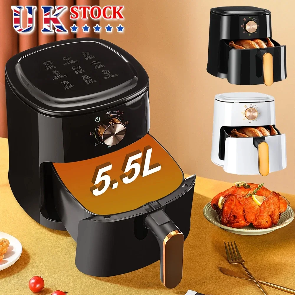 Freidora de aire manual de 5,5 L, horno grande, baja grasa, saludable, sin aceite, 1800W, negro y blanco