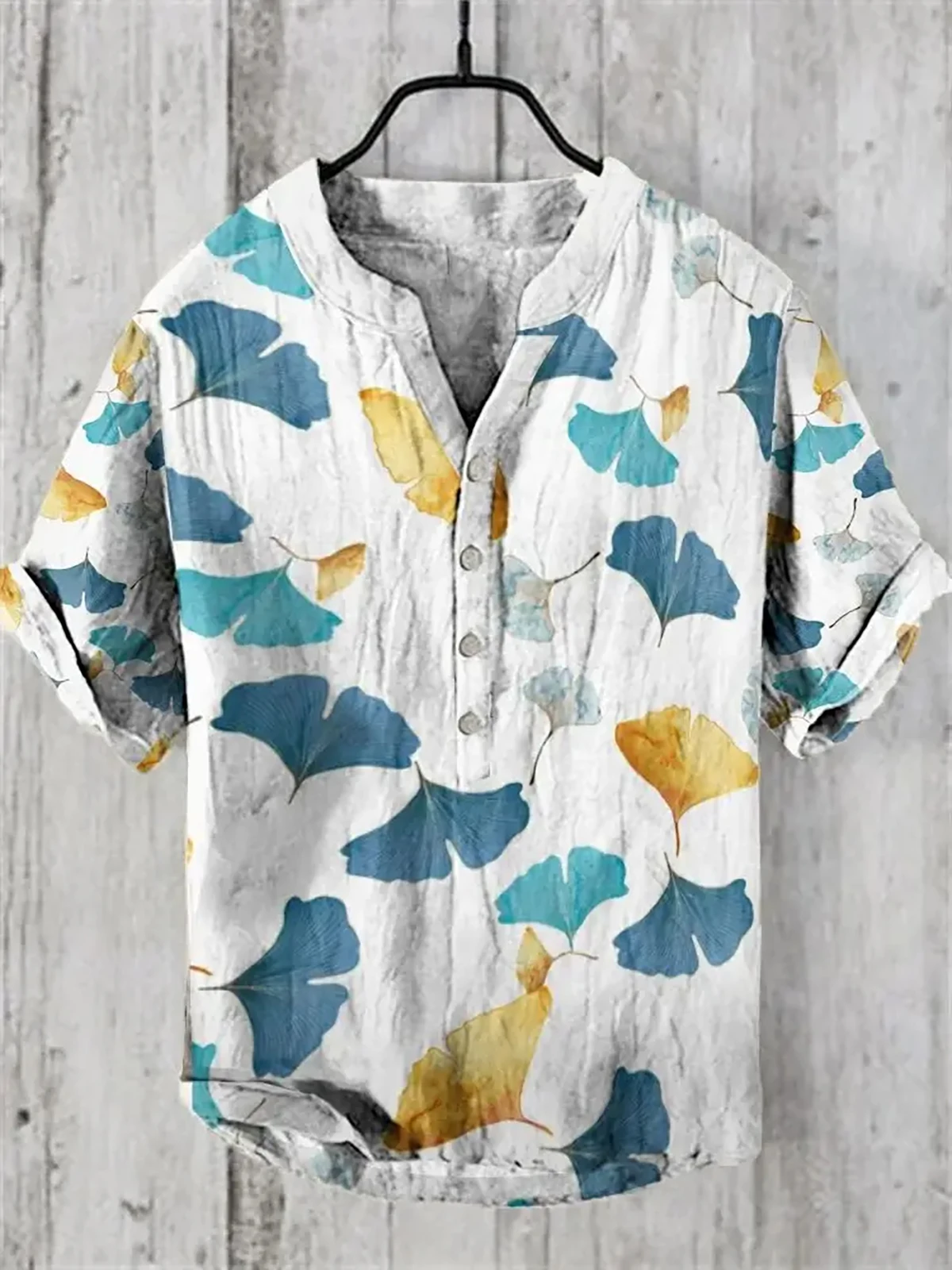 Men's Spring and Summer Casual Linen Shirt Apricot Leaf Short Sleeve Shirt Jellyfish Hawaiian Style Print Shirt Men's Tops