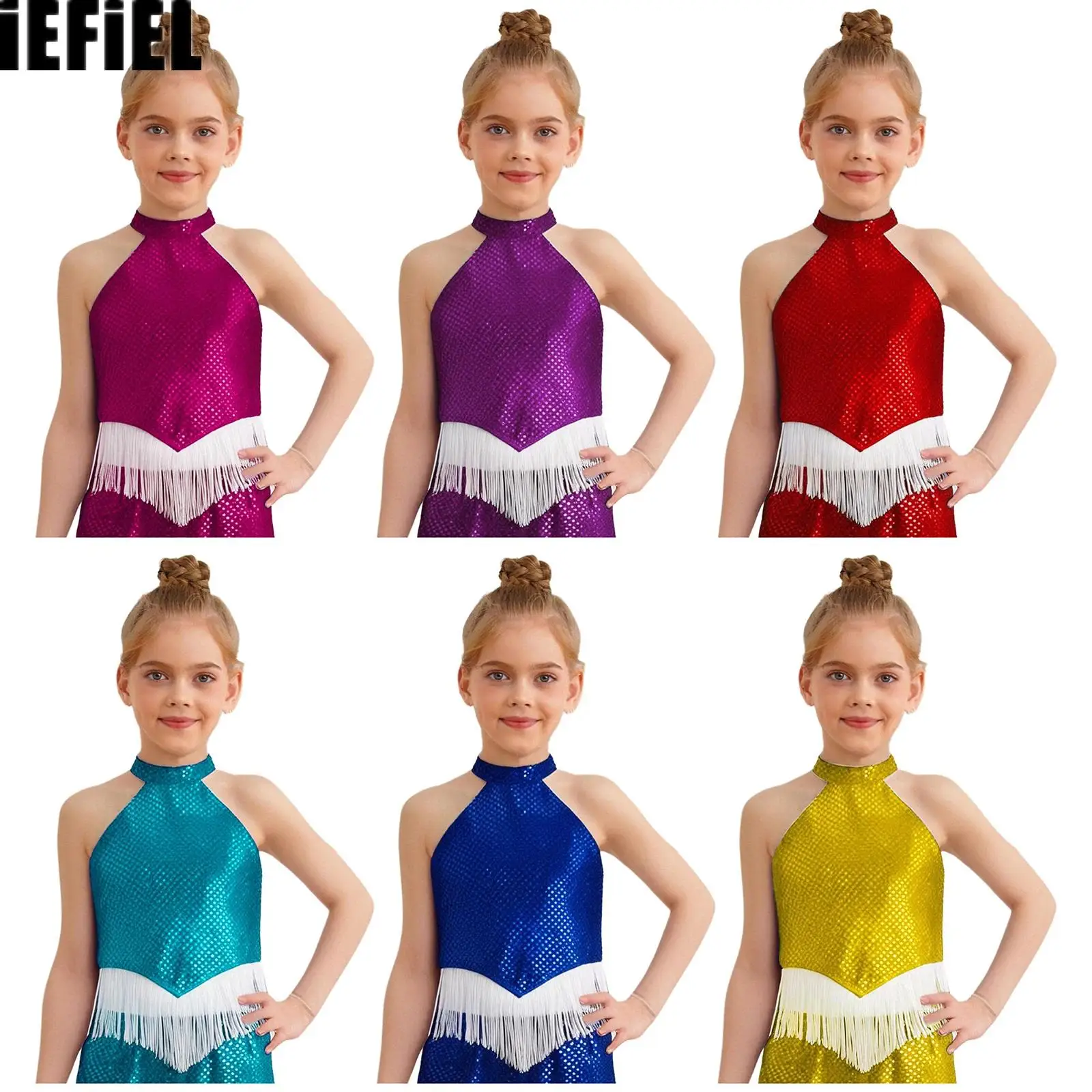 

Kids Girls Sparkling Sequins Jazz Tops Sequins Halter Sleeveless Backless Irregular Tassels Hem Sparkling Sequins Crop Top