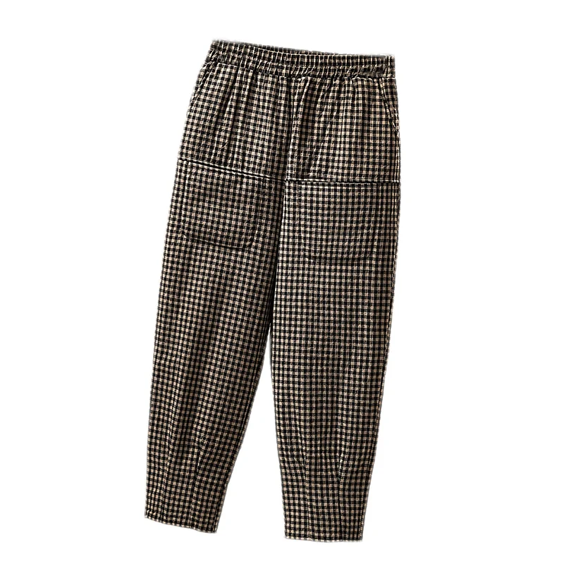 Pantalon à jambes larges en coton et lin, isolation épaisse et grille en coton, pantalon Haren, mode et décontracté, hiver, nouveau pour femmes
