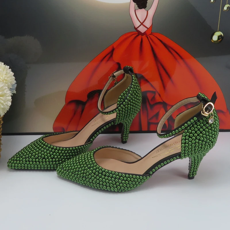 2023 New Arrival Olive Green Pearl Fashion Bridals Shoes bag Summer Sandals Woman Party High Heel Pointed Toe Sandals Female