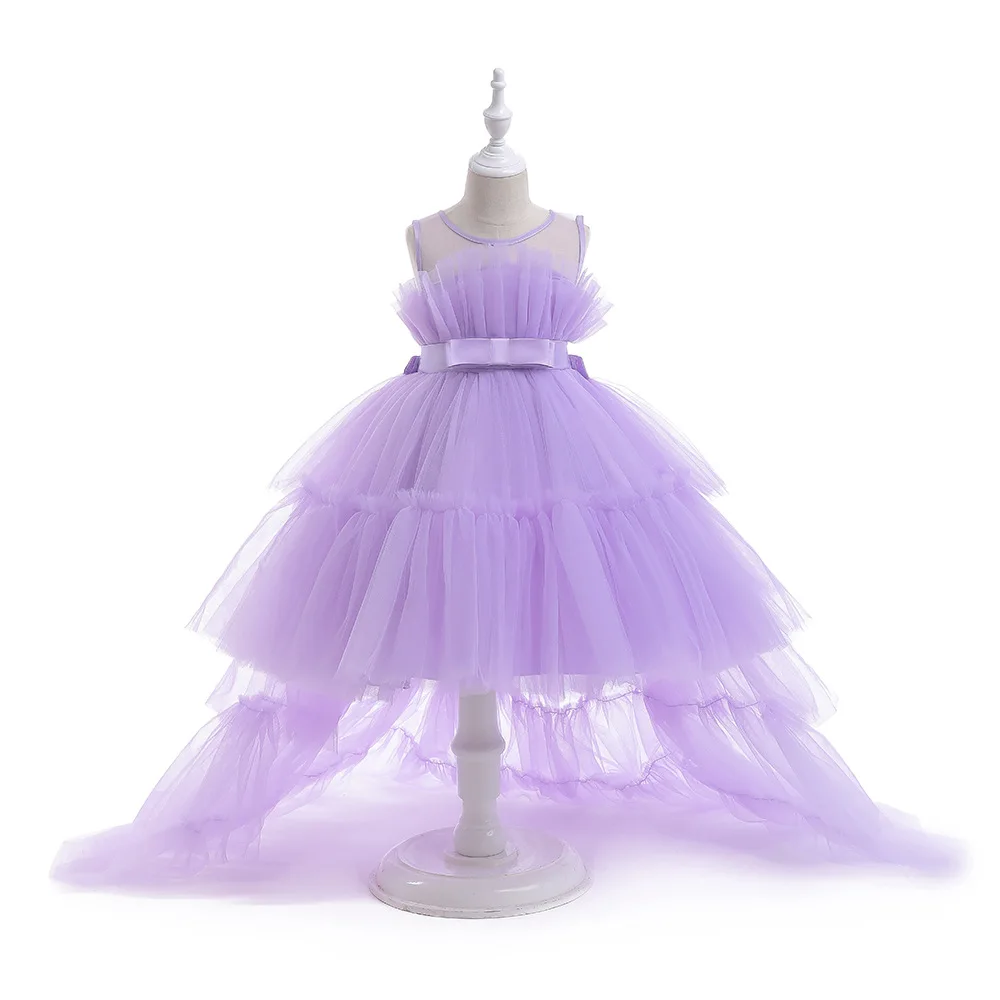 Vestido de tren de flores para niños, vestido de pastel de malla para niña, vestido de princesa para niña pequeña, vestido de actuación de pasarela