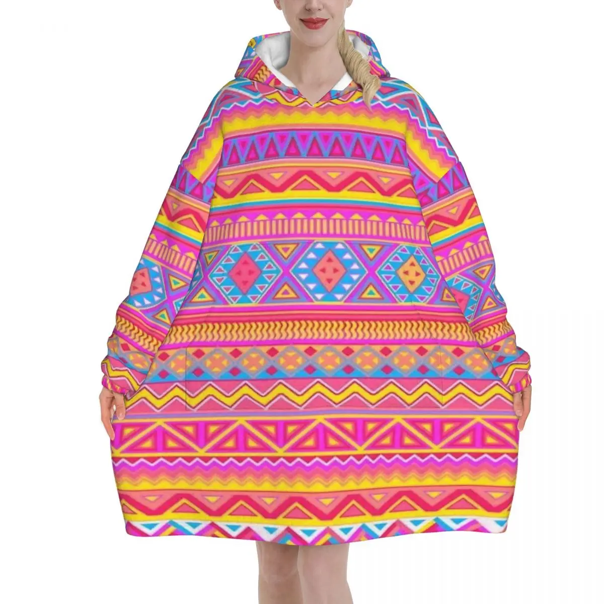 Oversized Southwestern Aztec Tribal Wearable Blanket Winter Ultrasoft Plush Warm Sweatshirt Blankets With Pocket