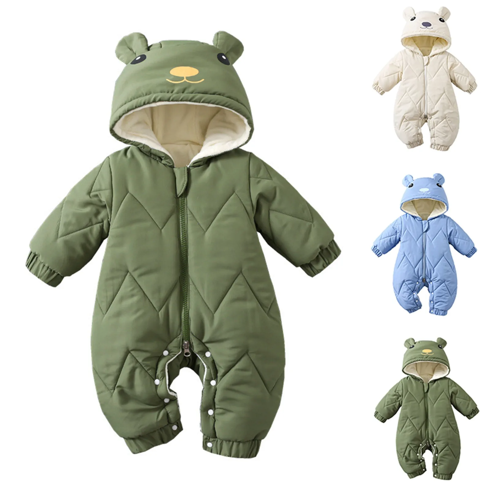 Winter Newborn Romper Thick Plus Cute Bear Baby Clothes Kids Solid Hooded Zipper Cotton Clothes Infant Boys Girls Warm Jumpsuit