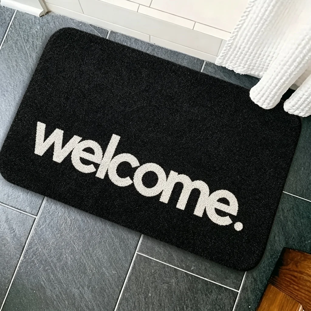 1pc Simple Letter Slogan Design Welcome Doormat, Non-Slip Door Mat, Machine Washable, All-Season Floor Mat, Suitable for Courtyards, Garden Patios, Entryways, Game Rooms, Bedroom Doors, Balconies, RVs, Outdoor Spaces, Etc. Printed Floor Mat
