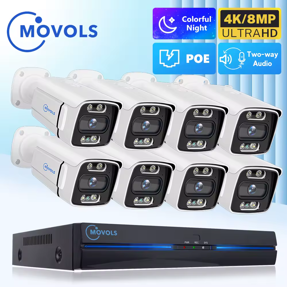 מערכת מצלמות צילום וידאו Movols POE 4K 8MP 5MP ראיית לילה בצבע אבטחה חיצונית CCTV IP NVR H.265 P2P סט רמקולים