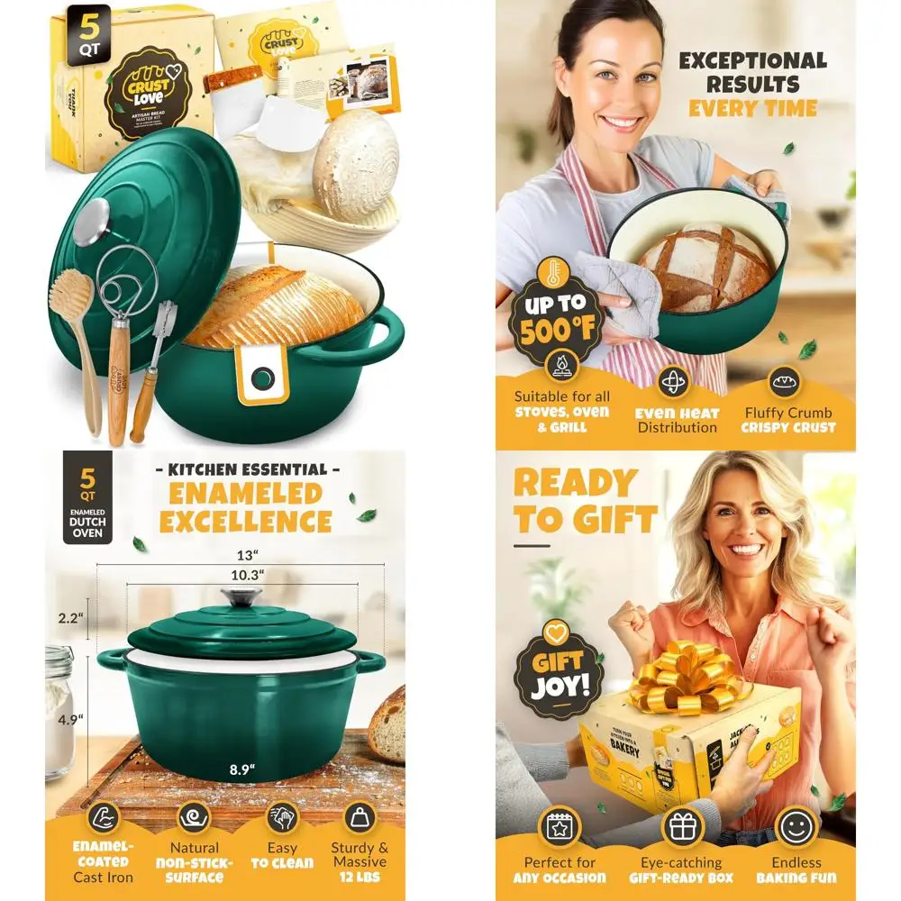 

Enameled Cast Iron Dutch Oven for Bread Baking - Perfect for Sourdough and Banneton Bread-Proofing Basket, 5 Quart Capacity