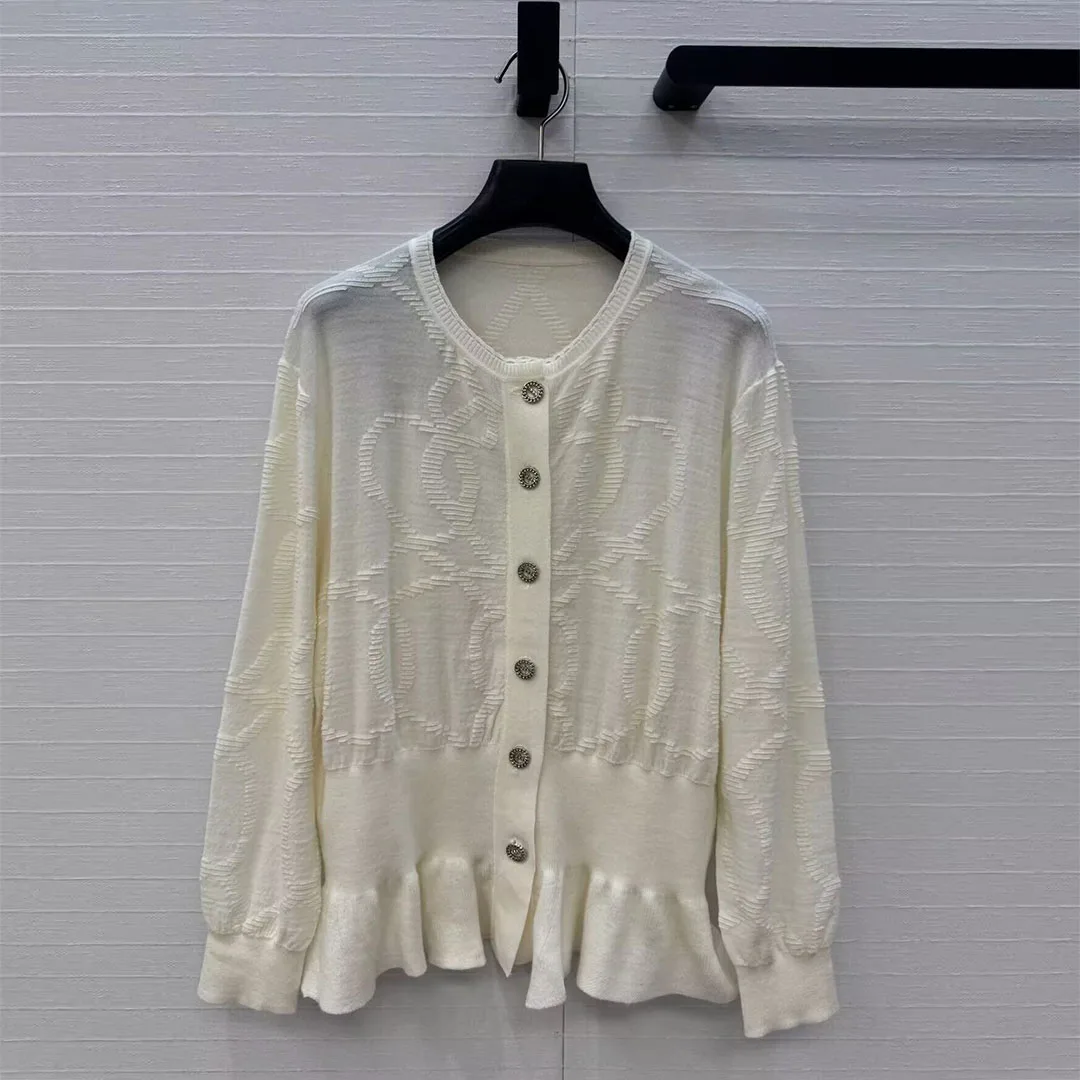 

New Autumn 100% Wool Knitted Thin Cardigans Women Jacquard Chain O-neck Single Breasted Slim Waist Ruffles Vintage Cute Sweater