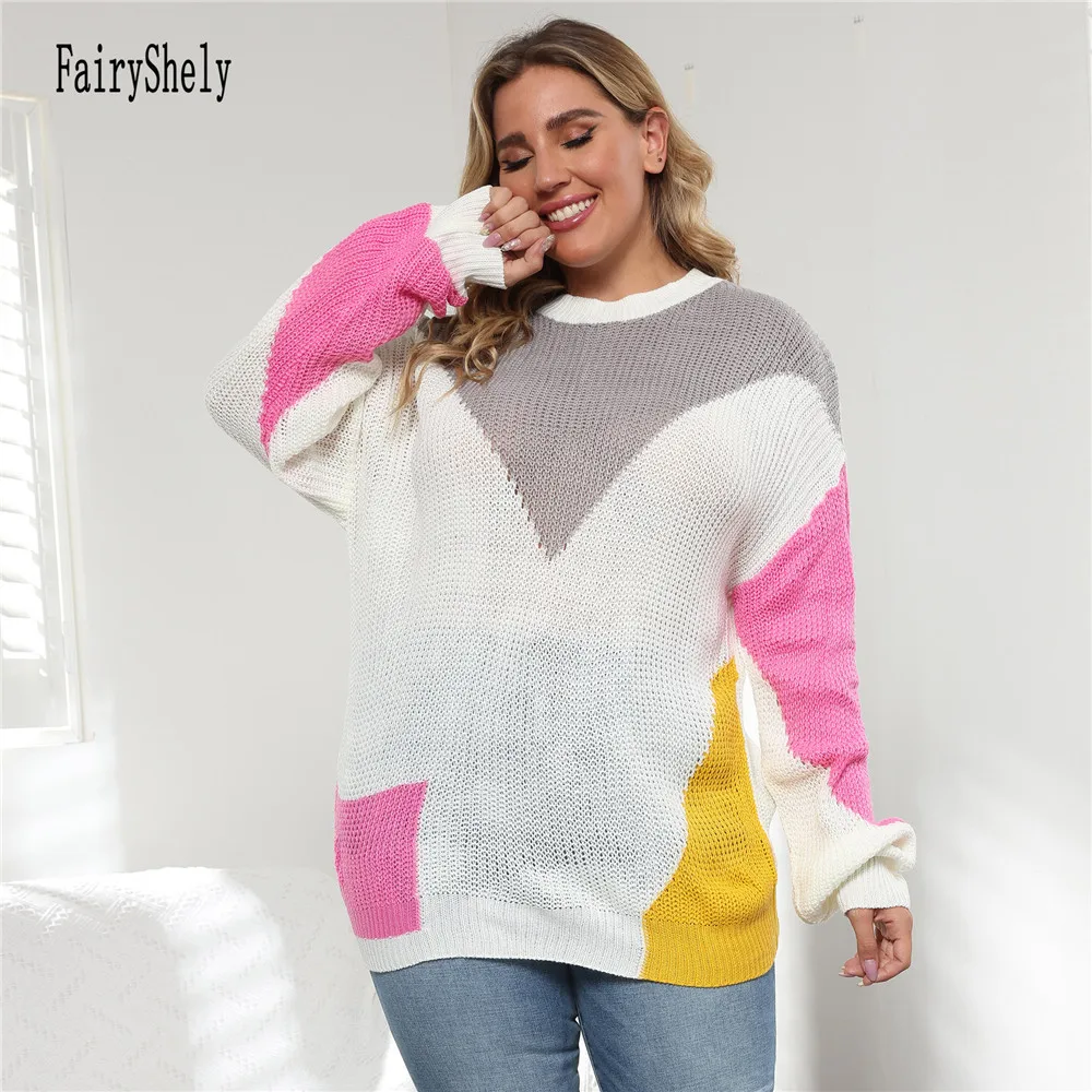 2024 Winter Patchwork Plus Size Sweater Women O-Neck Large Pullover Lady Casual Loose Oversize Jumper Big Jerseys Curvy Knitwear