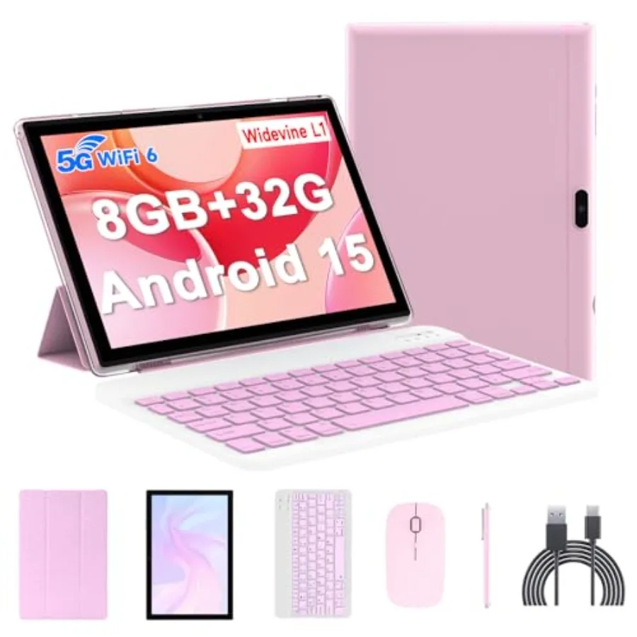 

10 Inch Android 15 Tablet 8GB RAM 32GB ROM 1TB Expandable 1.8GHz Quad-Core 2 in 1 with Keyboard Mouse Case Stylus 8MP Camera 60