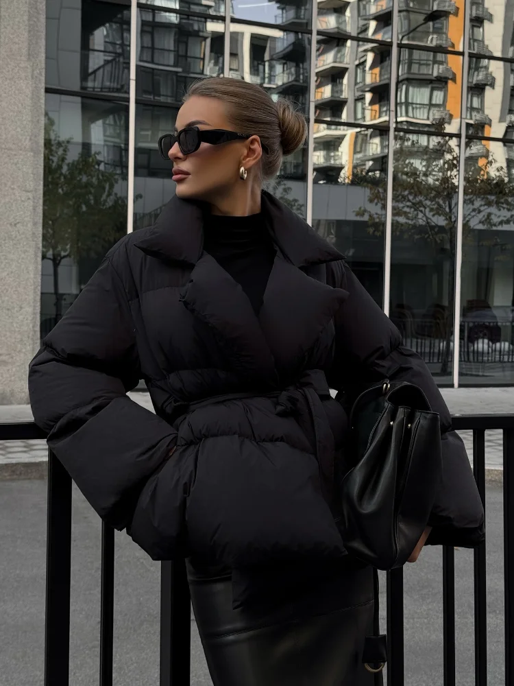 Classic Solid Color Lapel Collar Cotton Coat With Belt Elegant Women's Pockets Long Sleeve Warm Jackets Chic Lady Padded Outwear