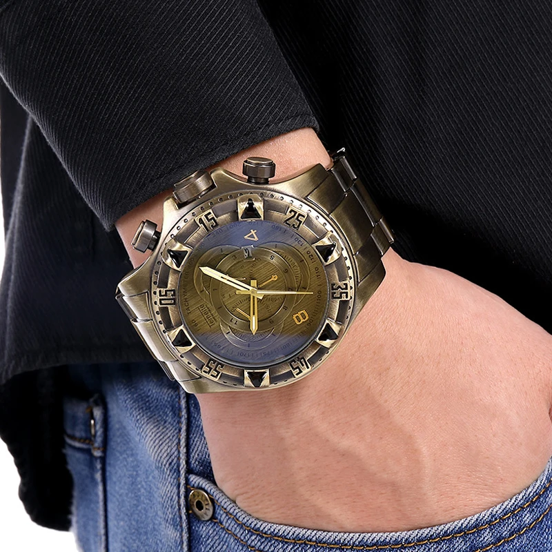 Temeite Retro Watch for men Luxury Brand Bronze Stainless Steel Quartz Sport Big Dial Male Wrist Watches Relogio Masculino