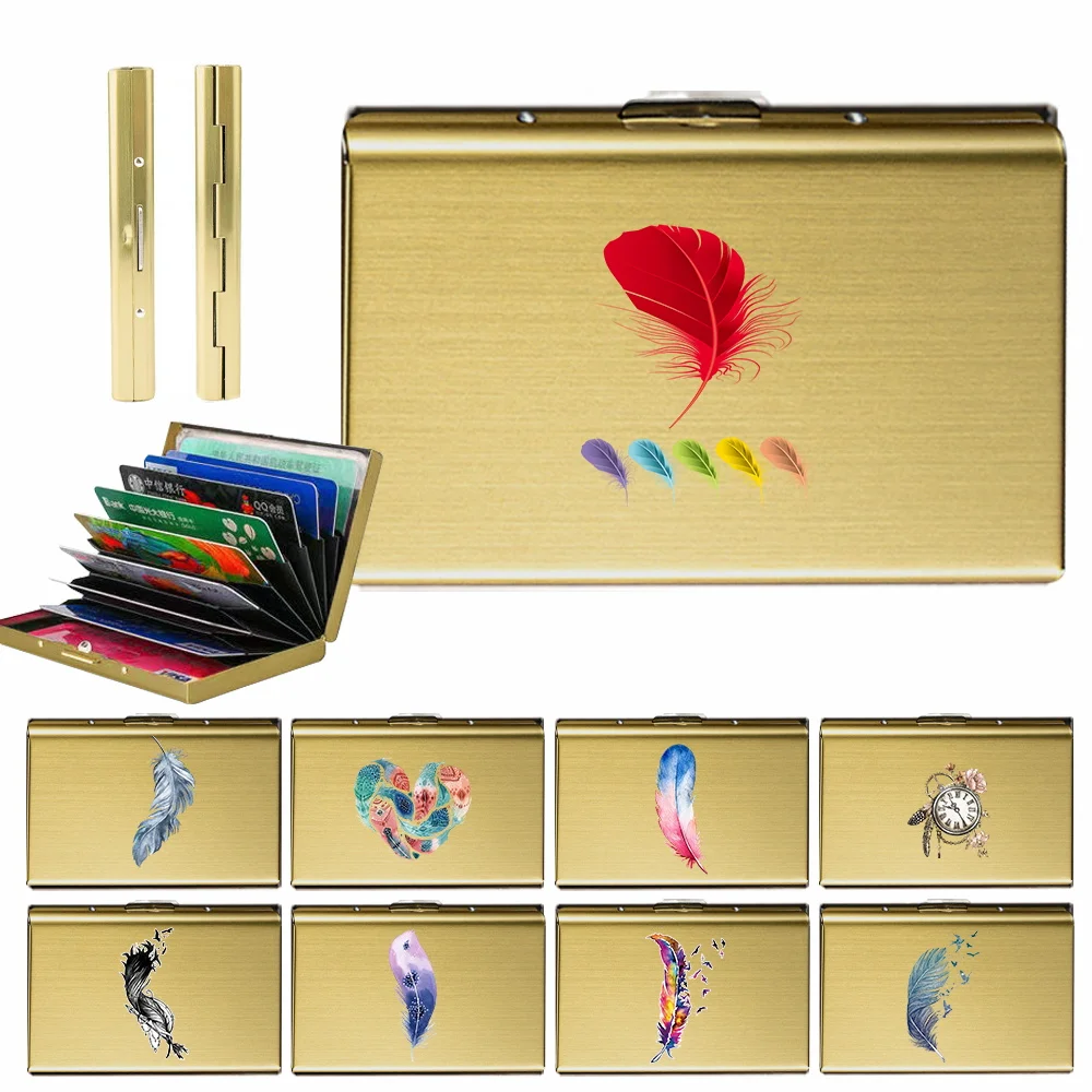 New Men's Card Slot Storage Box Fashionable Metal Cards Reader Lock Bank Credit Card Feather Series Pattern Bank Cards Box