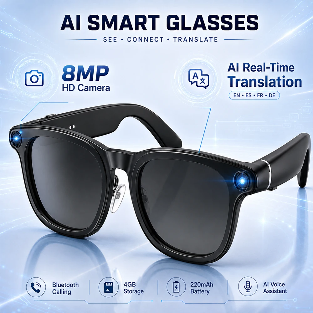 2026 4K Smart Glasses with ChatGPT AI Assistant 8MP Camera Real-Time Translation Bluetooth Calling Smart Glasses for Travel Work