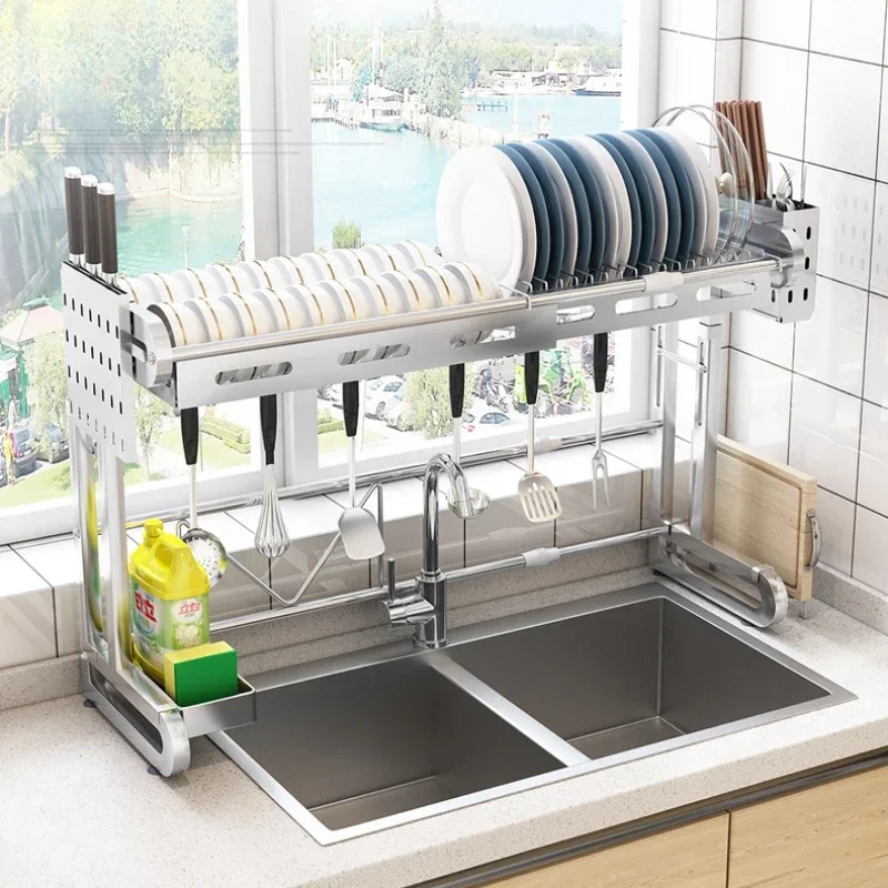 

Expandable Sink Basket Adjustable Dish Drainer Multi-Compartment Cutlery Holder Robust Kitchen Organizer Efficient Storage