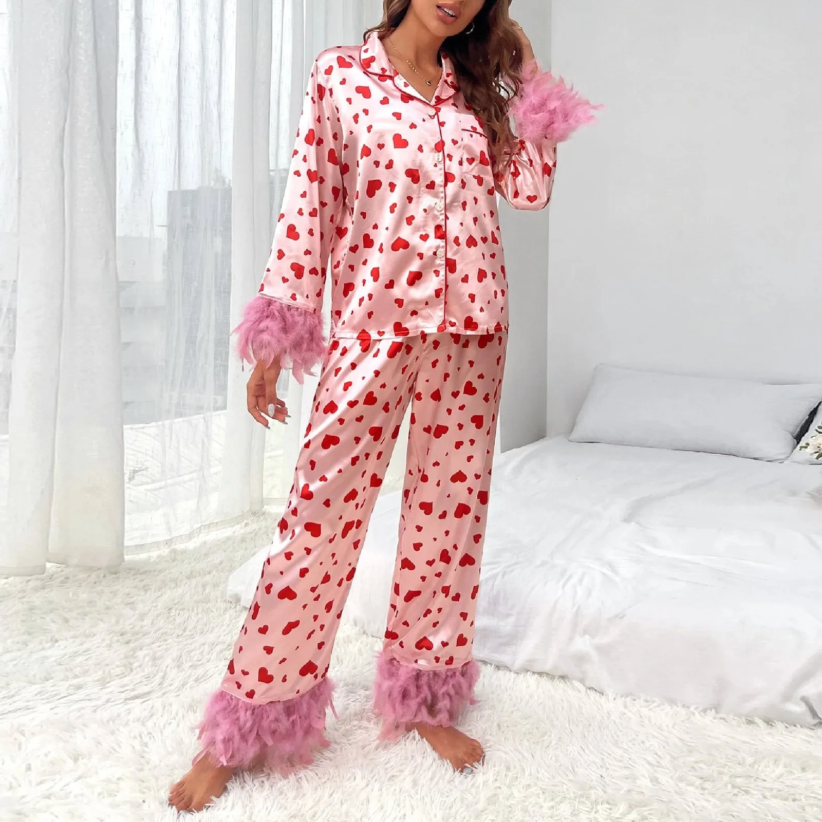 Printed Pyjama Sets For Women Soft Comfortable Imitation Silk Loungewear Two-Piece Trend Long Sleeve Matching Pyjamas Nightwear