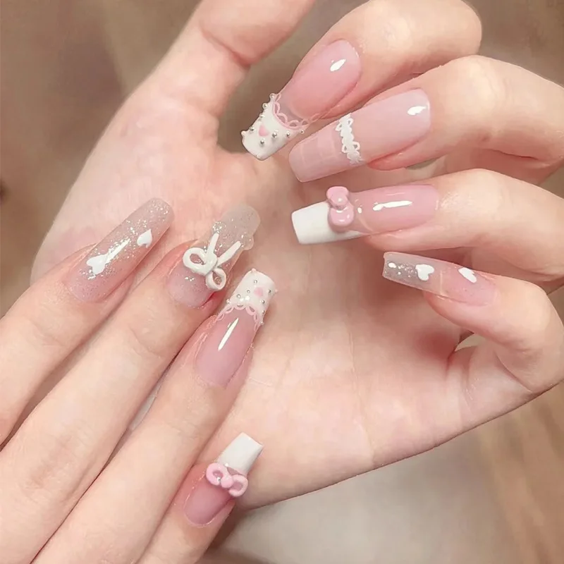 24 Uds. De uñas postizas cuadradas de Ballet, uñas postizas de color rosa desnudo, lazo de perla francesa, uñas postizas con diamantes de imitación
