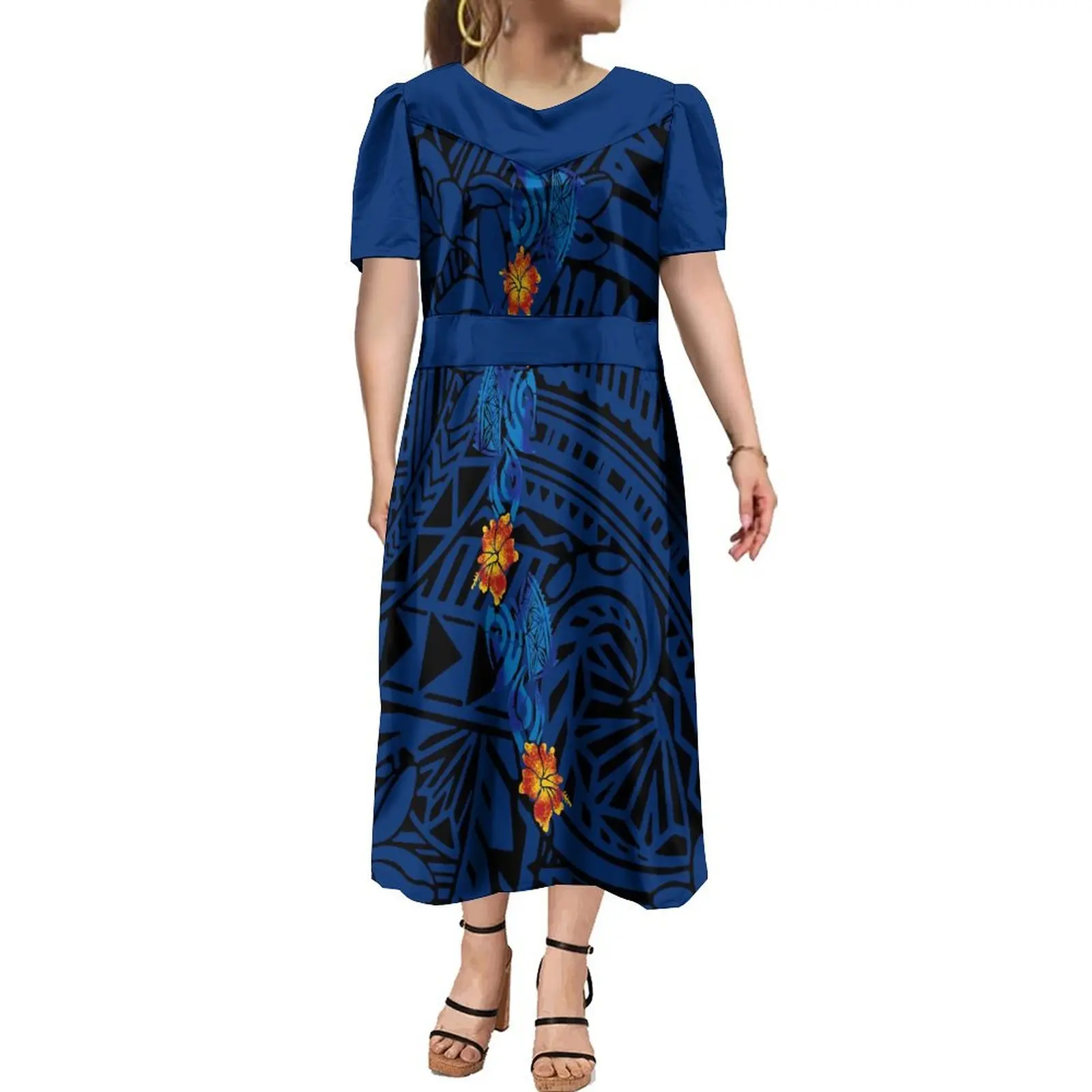 High Quality Custom Micronesia Muumuu Mumu Blue Polynesian Samoan Tribal Print Large Size Women'S Dress