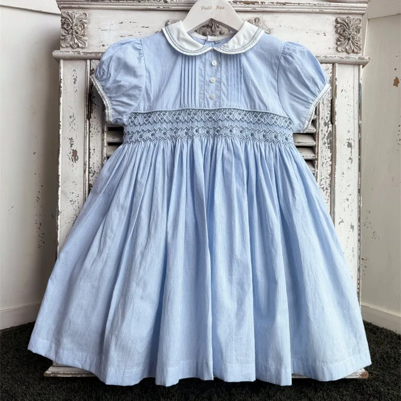 

Испанское винтажное синее полосатое платье с короткими рукавами и ручной вышивкой для девочек, детское хлопковое качественное платье для девочек