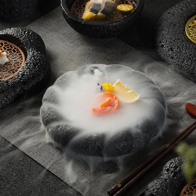 Creative Dry Ice Tray Smoked Planet Bowl Volcanic Stone Briquette Dinner Plate Irregular Dinner Cutlery Restaurant Dish Plate