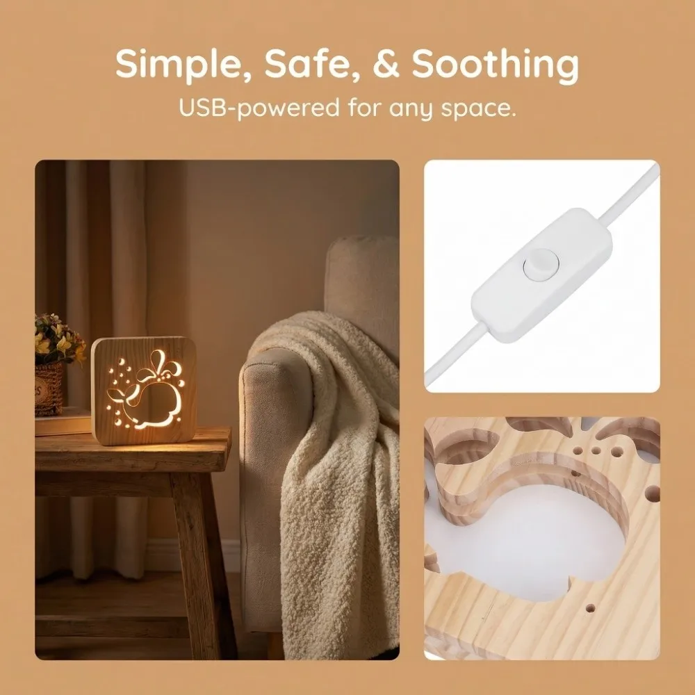 Cute 3D Wooden 3D Lamp Whale Pattern LED 3D Wood Light Warm White Light 18.7*18.7*3cm Carving Pattern LED Night Light Gift Novel