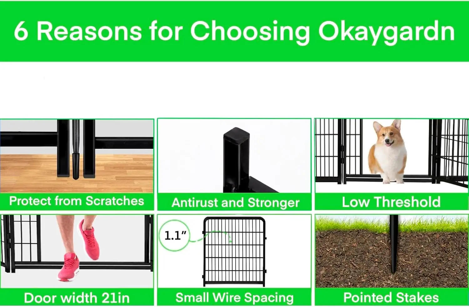 Tall Garden Fences and Borders, 54 in(H) Dog Fences for The Yard, 4 Panels Total 8.9 Ft Long, Gate 21 Inches Wide with Low Sills