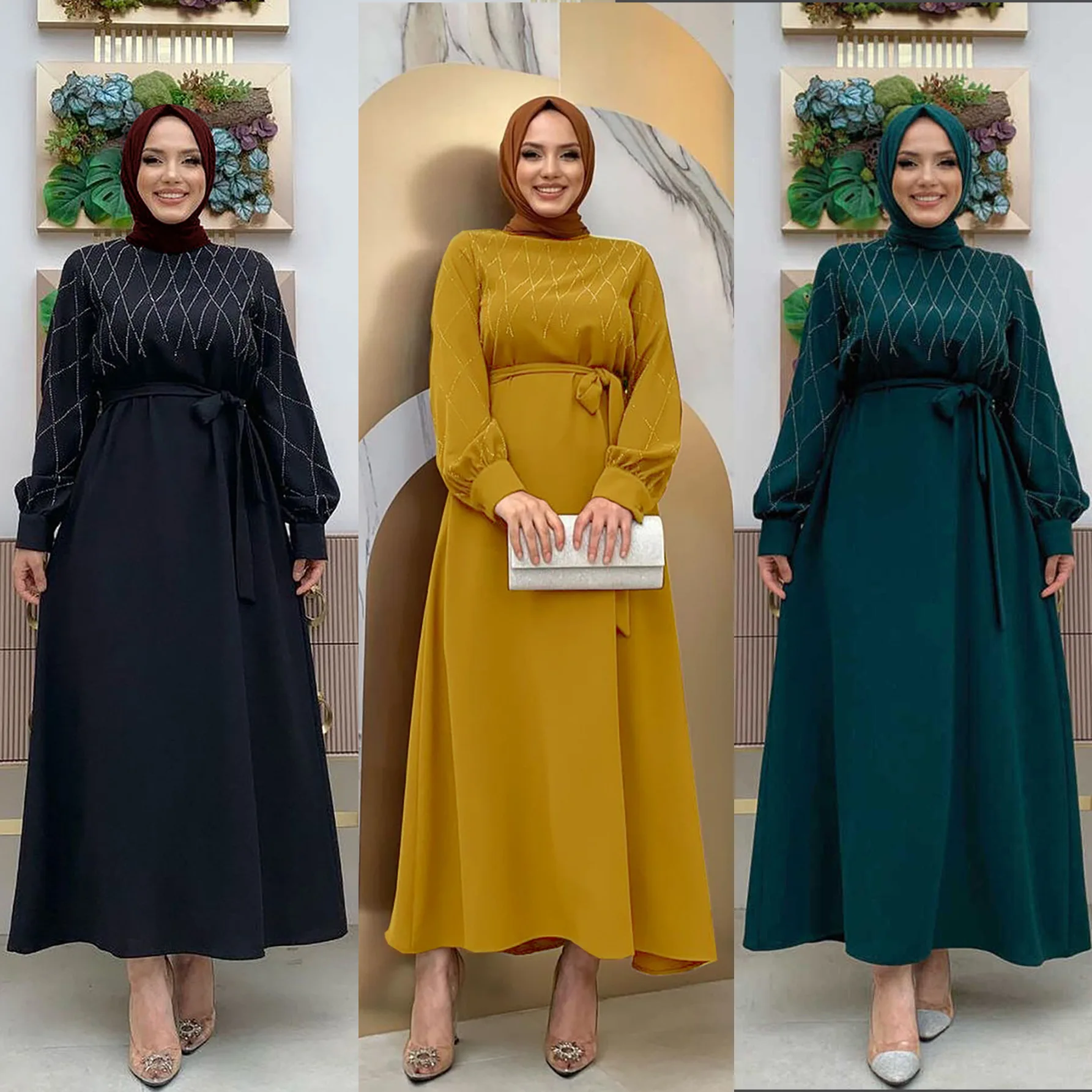 M291#muslim dress Türkiye women's hot drill elegant long skirt lantern sleeve gown