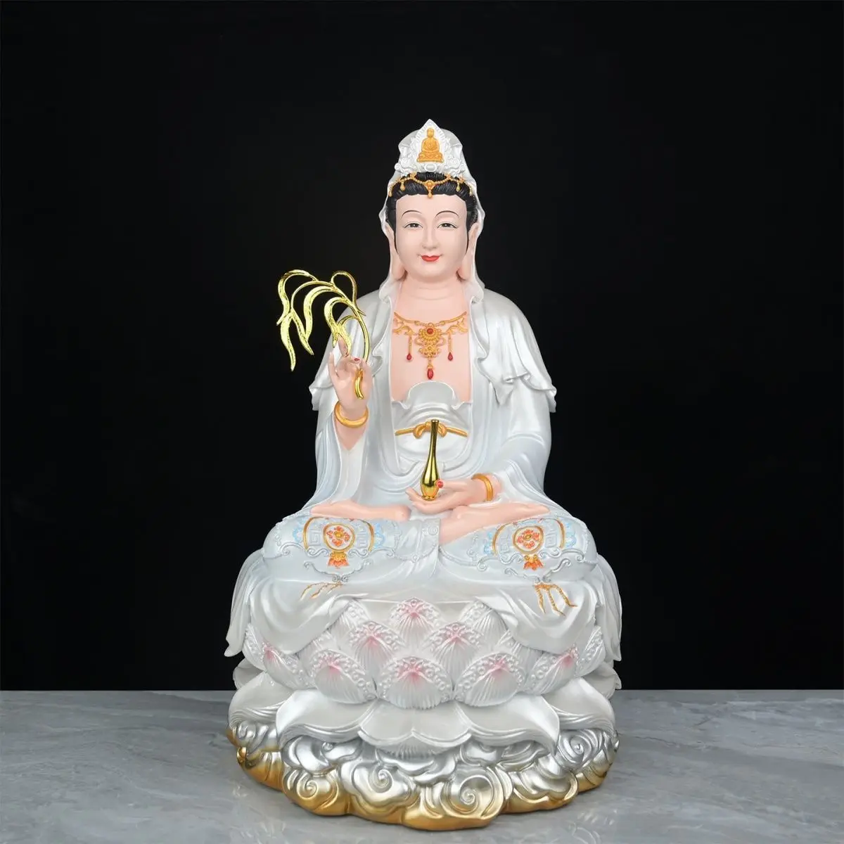 12 inch Saha World Four Saints Statue Color Painted White Guanyin Ksitigarbha Maitreya on Full Lotus Buddhist Altar Decor Gift