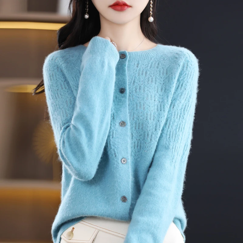 New High Quality 100% Pure Merino Wool Women’s Cardigan Hollow Cashmere Sweater Female Clothing Grace Top Bottoming Shirt