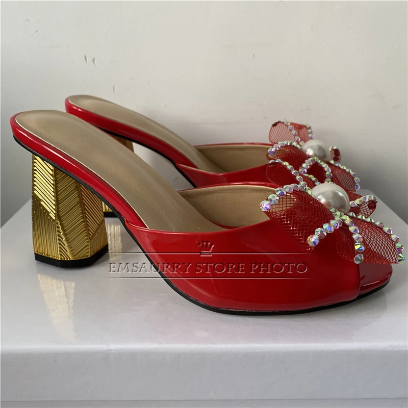 Jeweled Air Mesh Butterfly-Knot Sandals Women Unique Strange Heel Patent Leather Slingbacks Summer Shoes For Girls