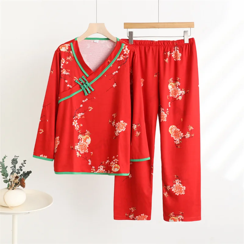 

Pyjamas Femme Vintage Print Sleepwear Women's Pajamas Set V Neck Long Sleeve Shirt Two Piece Suit Autumn Winter Home Pijamas