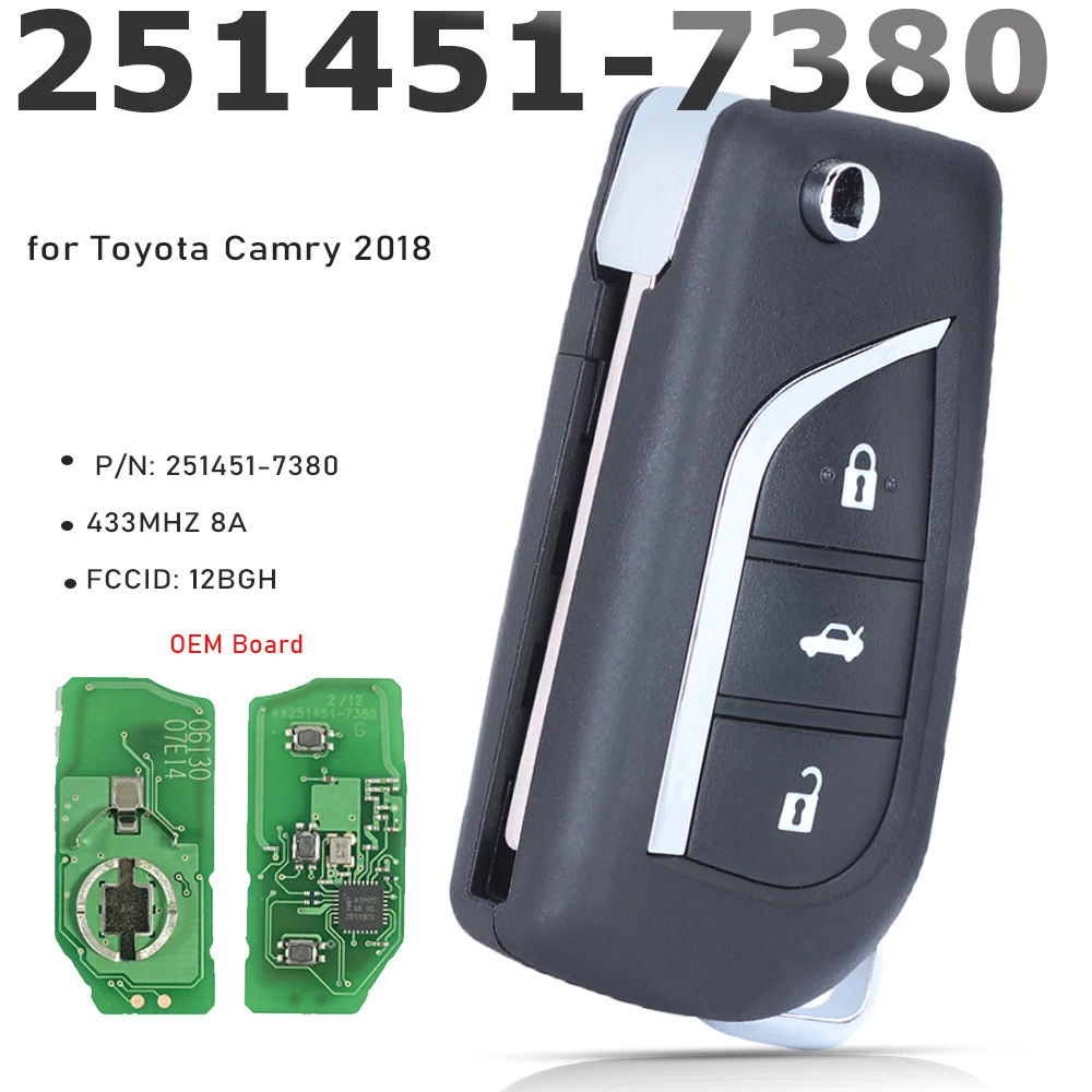 

KEYECU Original PCB Flip Key Remote Fob 433/434MHZ 8A Chip for Toyota Camry 2018 P/N: 251451-7380 ,12BGH