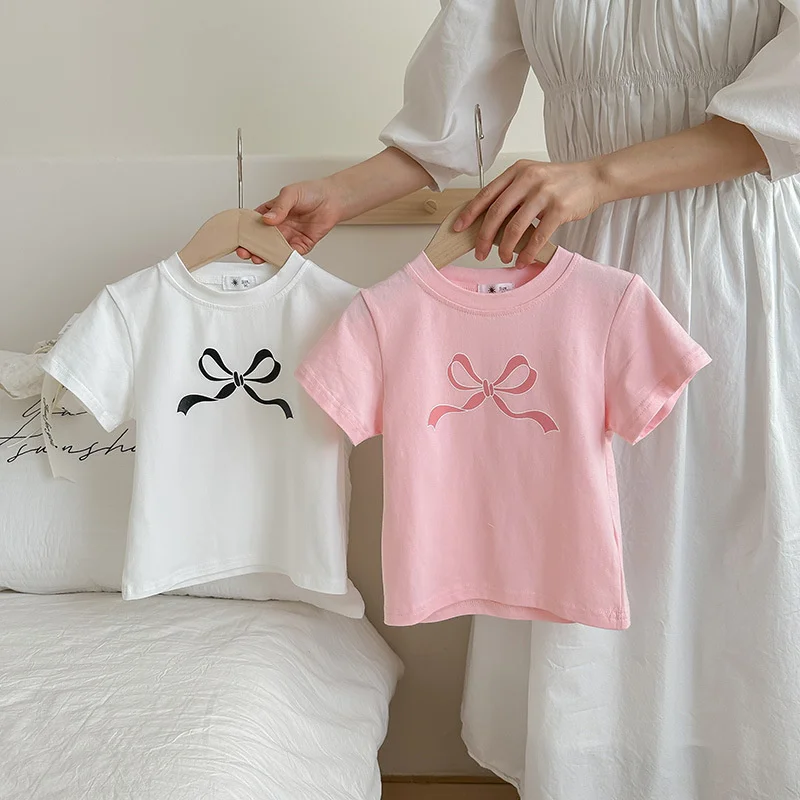 Girls Short-sleeved T-shirt 2025 New Summer Children Print Bow Tops Baby Casual Spring Clothes Kids Daily T-shirt 2-10 Years Old