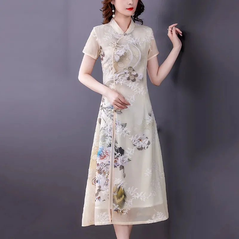 Lmproven-vestido Cheongsam bordado de manga corta, traje de mediana edad, temperamento reducido, estilo chino, novedad de verano, 2023