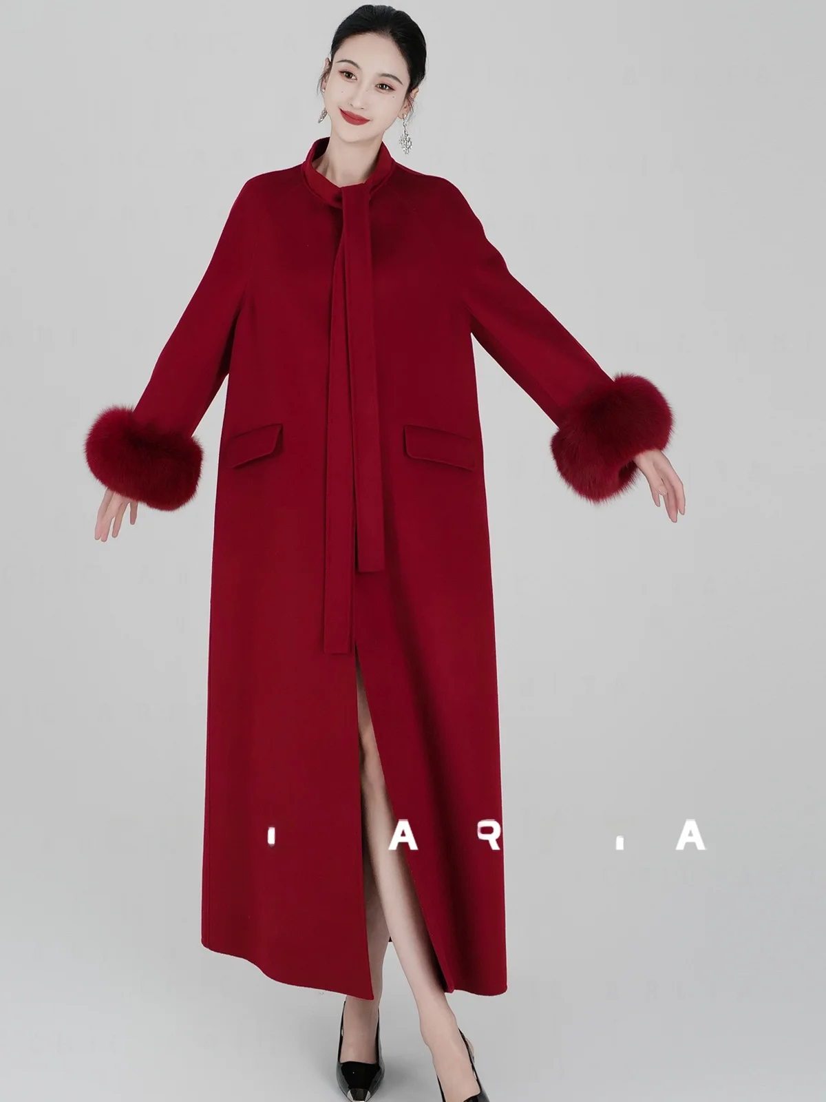 

Double-Sided Camere Long Coat Women's Woolen Outerwear with Detachable Fur Sves Red High Waist Commuter Sle