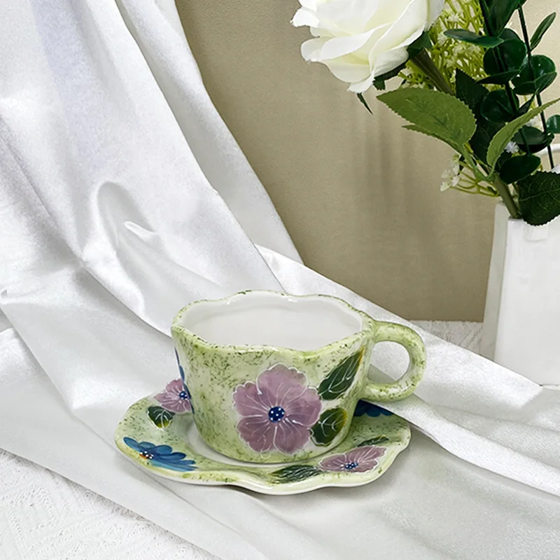 280ml European Ceramic Coffee Cup and Saucer Hand Painted Embossed Ceramic Cup English Afternoon Camellia Flower Tea Coffee Mug