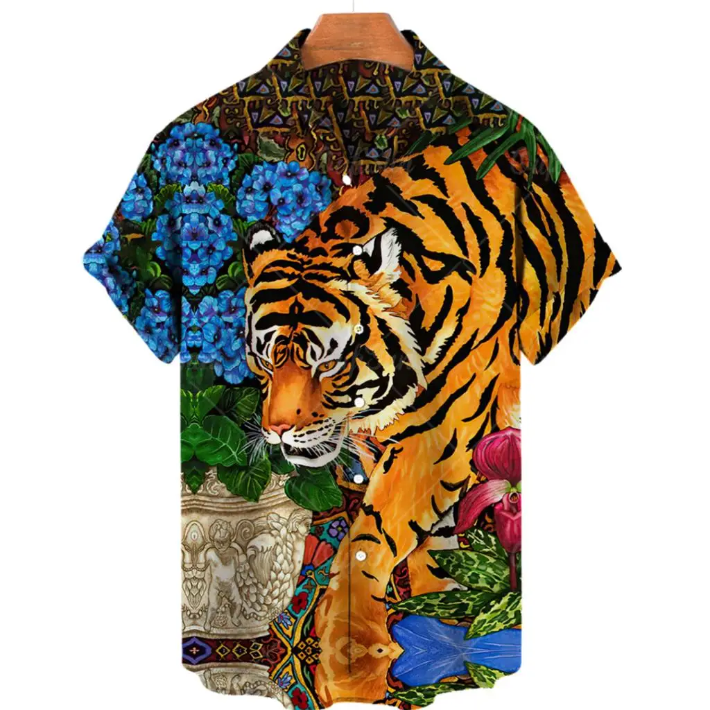 New Tiger Pattern Print Summer Men\'s Shirts Casual Oversized Short Sleeve Fashion Single-Breasted Blouses Trend Lapel Men Shirts