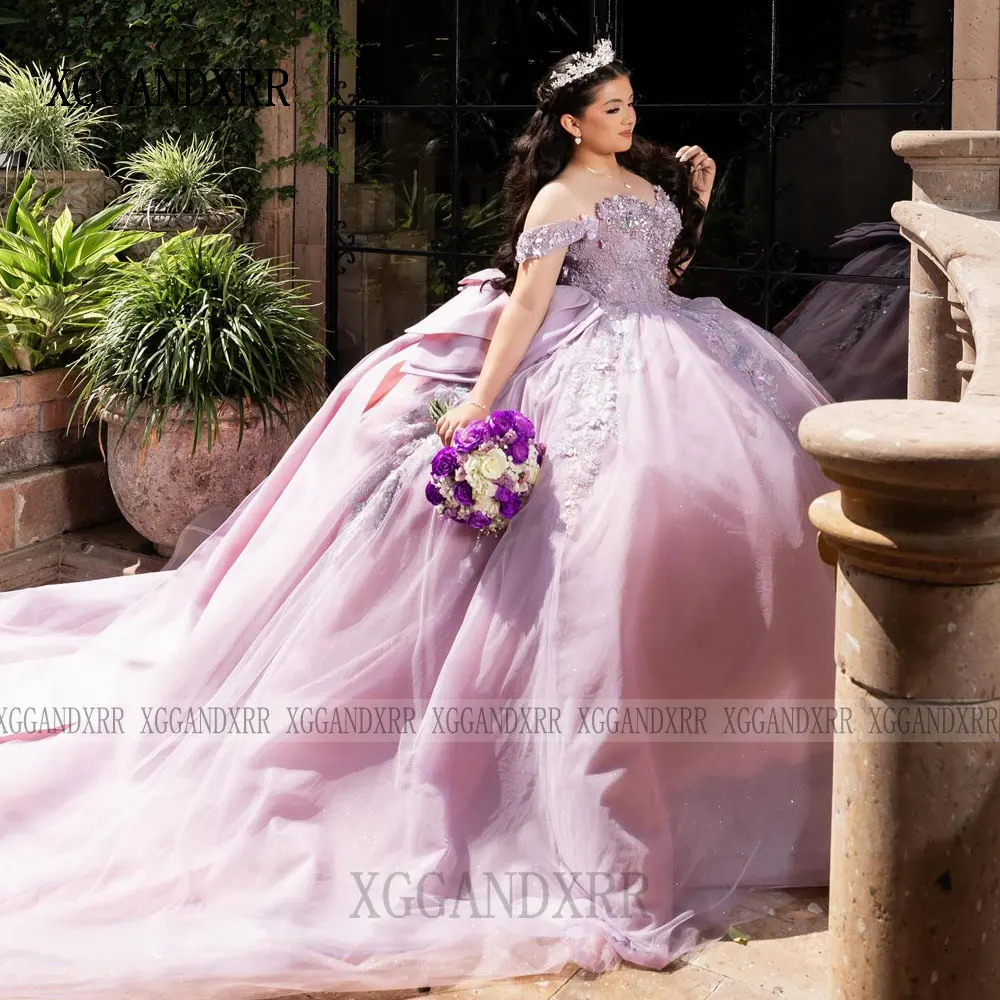 فستان Quinceanera أرجواني فاخر 2026 ذيل طويل الأميرة الكرة ثوب الحلو 15 زهرة Vestidos De XV Años فستان حفلة عيد ميلاد الفتيات #4