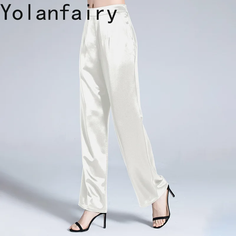 YOLANFAIRY Fashion 95% prawdziwy jedwab morwowy białe spodnie dla kobiet letnie ubrania spodnie szerokie nogawki luźne spodnie damskie pantalony