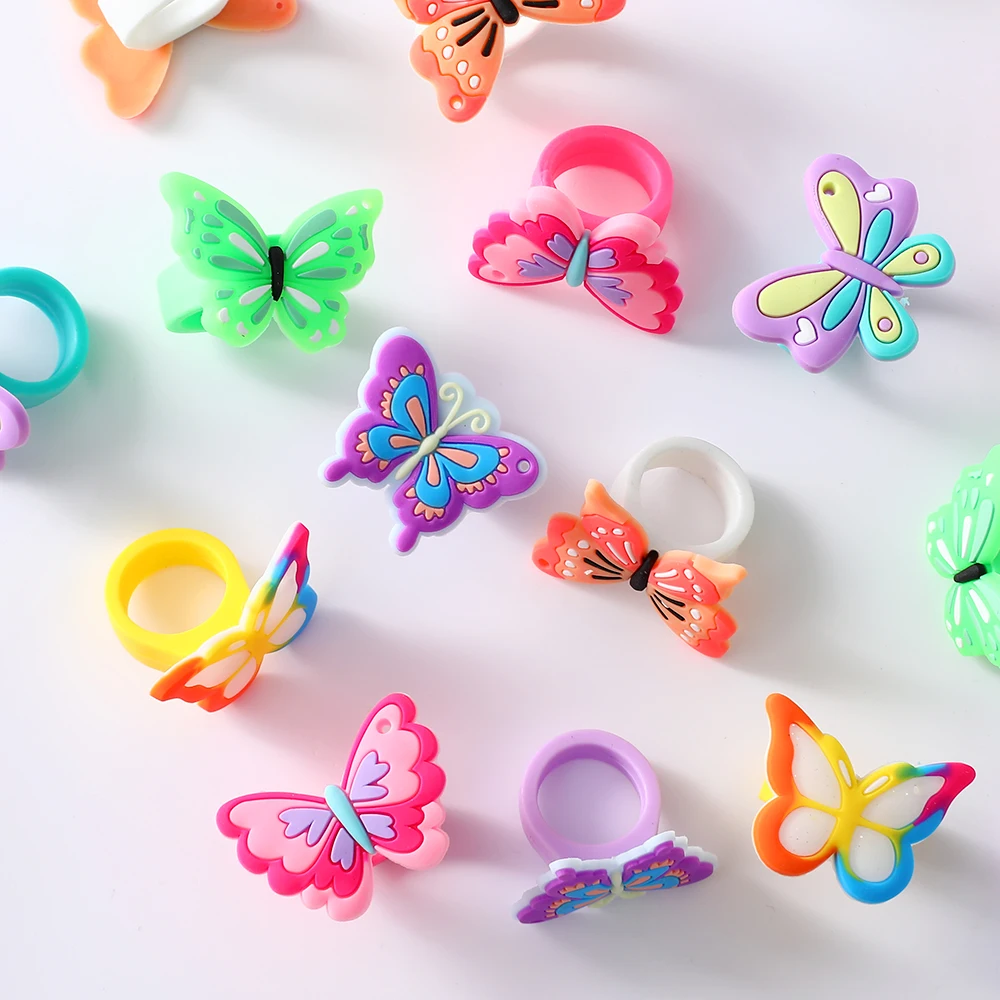 

6pcs/set Colorful Rubber Butterfly Rings Cartoon Ring Baby Shower Souvenir Wedding Birthday Party Decorations Favors Kids Gifts