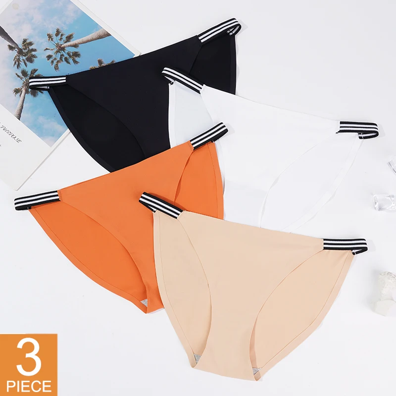 Sexy Women Seamless Panties Ice Silky Striped Waistband Elastic Briefs Solid Color Underwear Intimate Lingerie 3PCS/SET