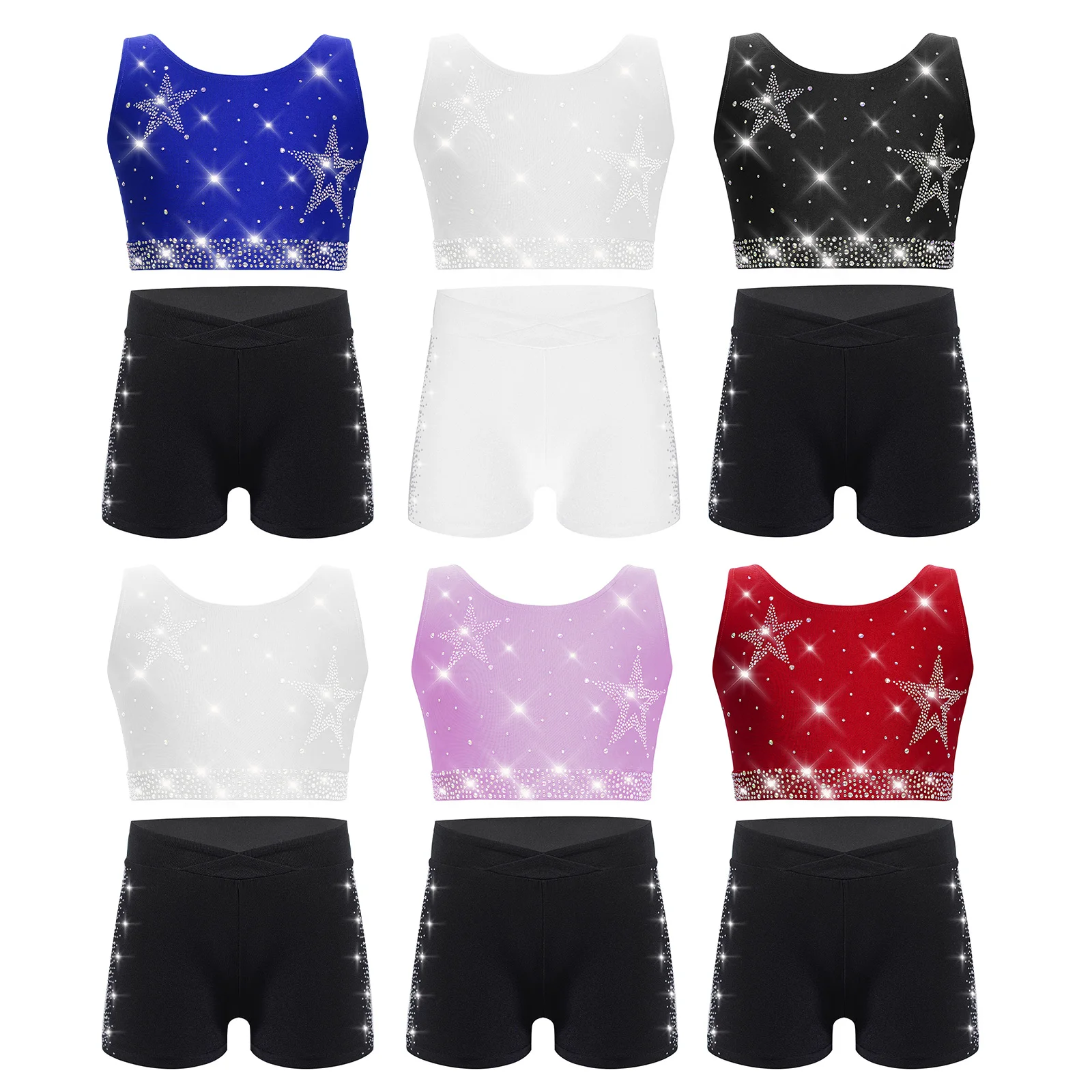 Kids Girls Gymnastics Acrobatics Figure Skating Costume Rhinestones Tops with Shorts Set Stage School Show Performance Dancewear - Image 5