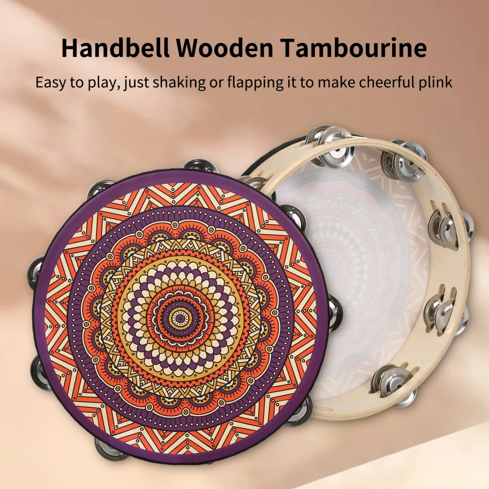 Double Row Tambourine Wooden Hand Tambourine Floral Pattern 7-10 Inch Double Row 10Bells Percussion Instrument for Holiday Party