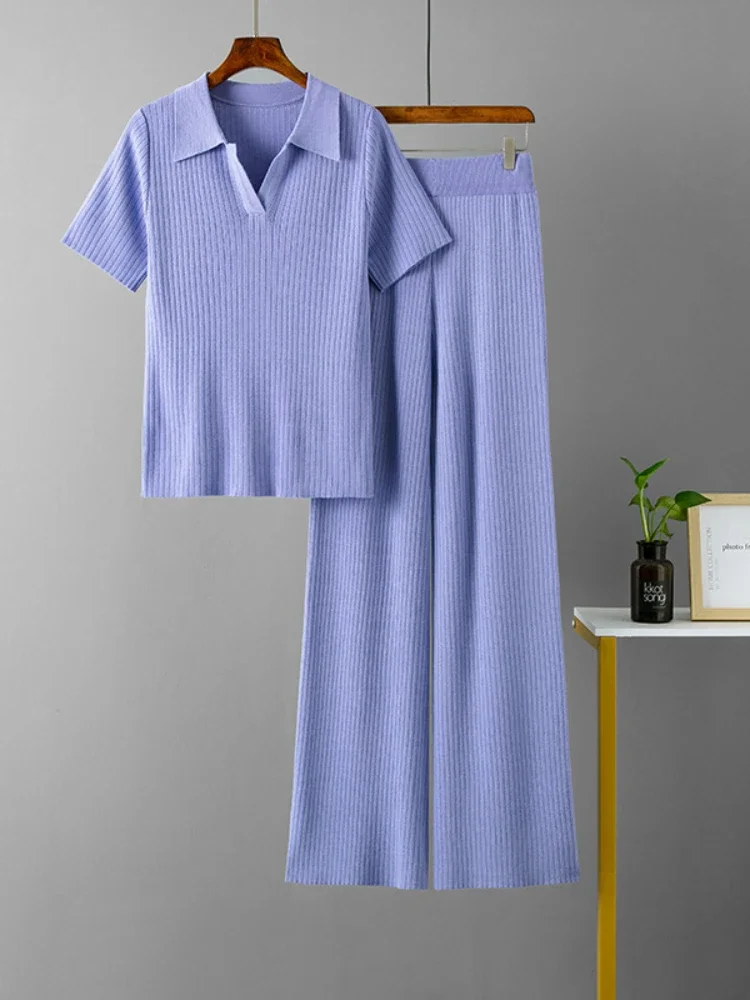 

Two Piece Sets Womens Outifits Polo Collar Pullover Short Sleeved Top Slimming Versatile Solid Wide Leg Pants Pant Sets JJ356