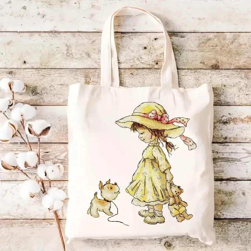 Vintage Little Girl Puppy Teddy Bear Print Canvas Tote Bag Retro Country Style Women Shopping Handbag Reusable Shopping Bag