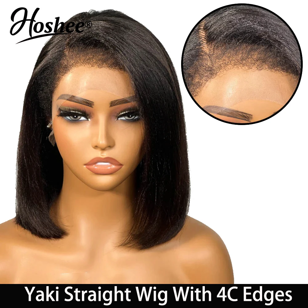 

Yaki Straight Short Bob Human Hair Wigs For Black Women Ready To Go Wig With 4C Edges Preplucked 4x4 Lace Closure Wig Remy Hair