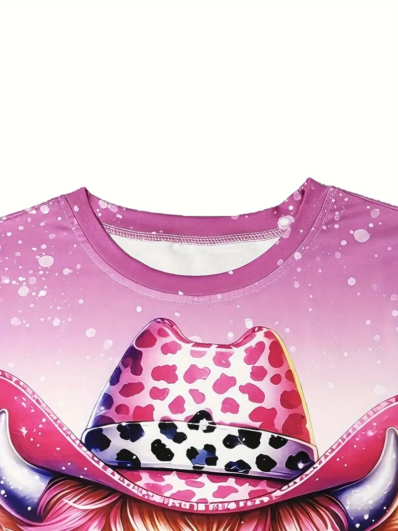 Damska koszulka PLUS z krótkim rękawem i nadrukiem 3D z uroczym różowym wzorem krowy, luźna i swobodna, miękka, wygodna i oddychająca