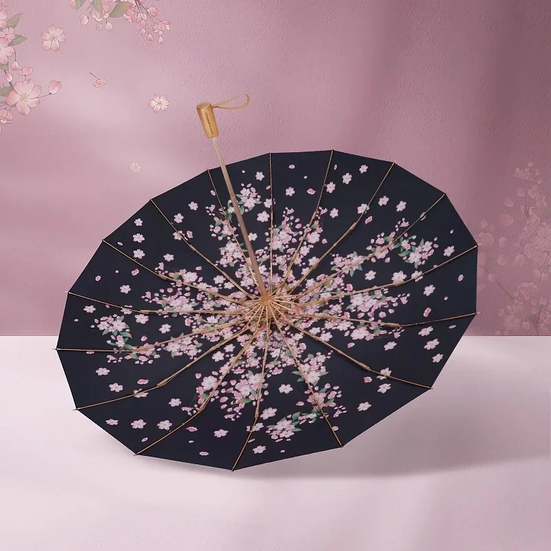 16-Bone Double Layer Sakura Folding Umbrella UV Protection Windproof Lightweight Sun Rain Parasol for Women Travel Use 접이식 양산